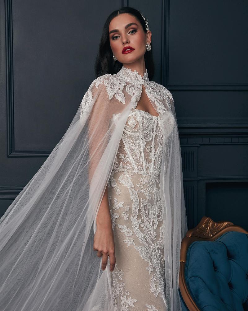 121235 vintage beaded wedding dress with cape and strapless sweetheart neckline2